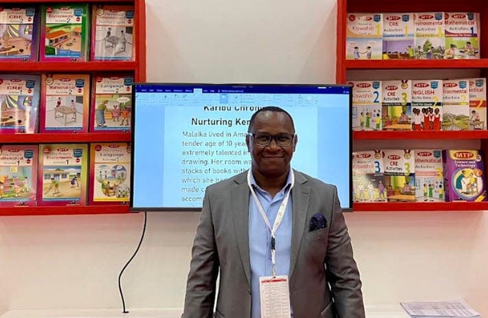 Mountain Top Educational Publishers and APNET’s Lawrence Njagi at the Nairobi International Book Fair. Image: Publishing Perspectives, Olivia Snaije
